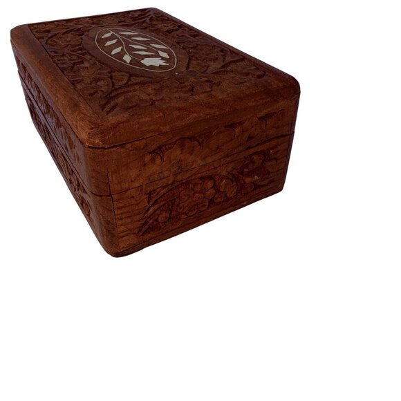 Vintage Hand Carved Wooden Box Mother of Pearl Inlay Floral Leaf Jewelry Chest - Picture 4 of 9